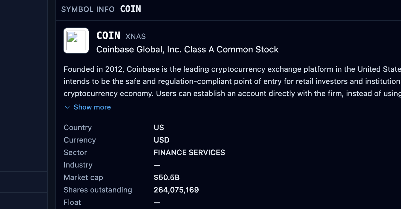 Symbol info widget showing COIN — Coinbase Global, sector, market cap, shares